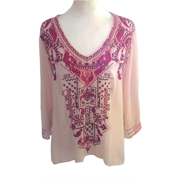 Johnny Was Woman's Sheer Light Pink Paisley Embroidered Blouse Size M - Picture 2 of 10